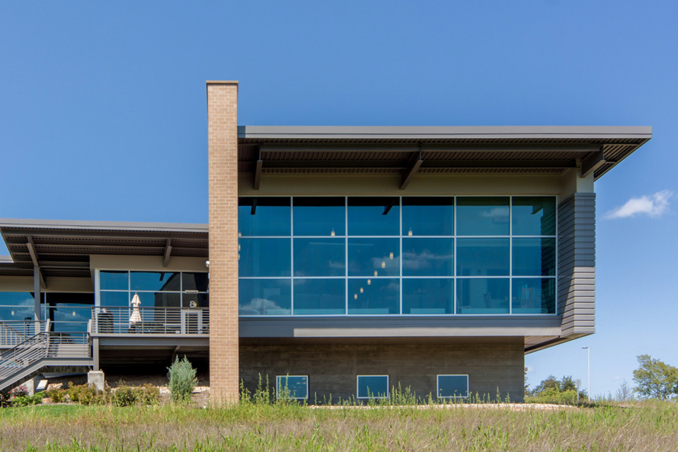 IVY Tech Community College Warsaw campus exterior shot of overhangs.